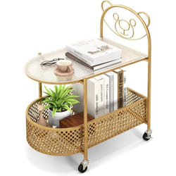Costway - Petite Table Basse en Verre 2 Niveaux, Table d'Appoint à Roulette avce Panier, Plateau en Verre Trempé, Cadre en Métal, Motif Ours,