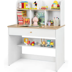 COSTWAY Bureau Enfant en Bois avec 5 Compartiments & Tiroir & Étagère, Table d’Étude avec Hauteur Raisonnable 62 cm & Patins Antidérapants, Table