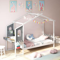 Costway - Lit Cabane Enfant 90 x 200 cm avec Grand Bureau, Lit Maison Double en Bois avec sommier à Lattes, Crochets et Tiroirs, Cadre de Lit