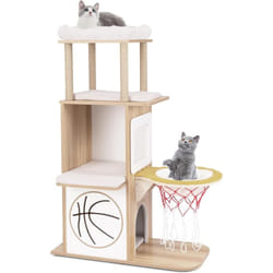 COSTWAY Arbre a Chat Bois 120 cm, Arbre a Chat Design à Thème Sportif, 4 Griffoir Chat en Jute, 2 Condos, 2 Plateformes, Panier, Grand Arbre à Chat,