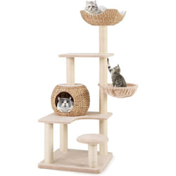 Costway - Arbre a Chat Bois 150 cm, Arbre a Chat Design, 5 Griffoirs Chat en Sisal, 4 Plateformes, Condo en Quenouille Tressée, Panier, Arbre à Chat