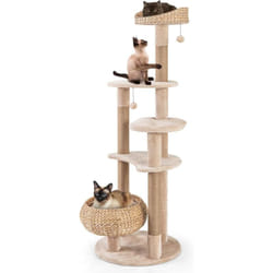 Costway - Arbre a Chat Bois 164 cm, Arbre a Chat Design, 3 Griffoirs Chat en Jute, 5 Plateformes, Quenouille Tressée, Arbre à Chat xxl, Coussins