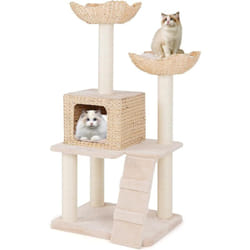 COSTWAY Arbre a Chat Bois 122 cm, Arbre a Chat Design, 4 Griffoirs Chat en Sisal, 4 Plateformes, Condo en Quenouille Tressée, Échelle, Grand Arbre à