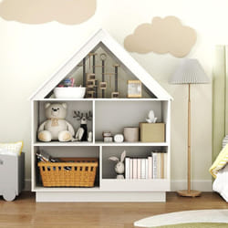 Costway - Bibliothèque Enfant en Bois à 3 Niveaux en Forme Maison avec 5 Compartiments, Kit Anti-basculement & Toit Unique, Étagère pour Salon (Blanc)