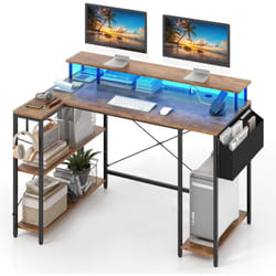 Costway - Bureau d'angle Ordinateur 120 cm led, Bureau Gaming avec Ports usb et Prise de Courant, Table imformatique Etagères de Rangement et Support