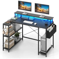 Costway - Bureau d'angle Ordinateur 120 cm led, Bureau Gaming avec Ports usb et Prise de Courant, Table imformatique Etagères de Rangement et Support