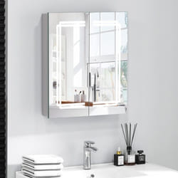Costway - Armoire Salle de Bain avec Miroir 60 x 70 cm Éclairage led et Prise, Meuble Salle de Bain 2 Portes, 3 Niveaux Étagères à Hauteur Réglable,