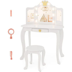 Coiffeuse Enfant Fille avec Lumière led à 3 Couleurs & Miroir à Trois Volets, Table de Maquillage avec Tiroir & Motif Couronne, Dispositif