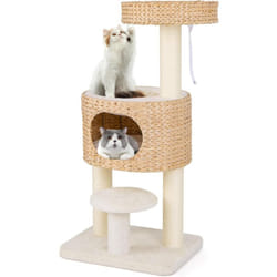 Costway - Arbre à Chat 104 cm, Petit Arbre a Chat, 3 Plateformes, 2 Poteaux à Griffer en Sisal, Condo, Arbre a Chat Beige, Pompon, Dispositif
