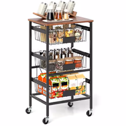 À propos de cet article 【Grande Capacité de Rangement】Ce chariot de rangement à roulettes dispose d’un plateau en bois, facil ...