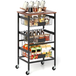 Chariot de Rangement à roulettes, Desserte 4 Niveaux, Paniers Extractible, Étiquettes diy au Craie, Plateau en Bois, Etagere Cuisine pour Snacks