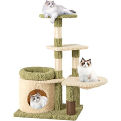 Costway - Arbre à Chat 97 cm, Arbre a Chat Bois, 3 Griffoirs pour Chat, Brosse d'Toilettage, Arbre a Chat Cactus, 3 Plateformes, Condo, Panier, Arbre