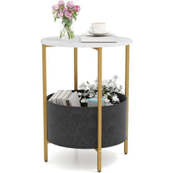 Costway - Table d'Appoint Ronde, Bout de Canape avec Panier Amovible en Tissu, Cadre en Métal, Mini Table Basse, Table de Chevet, pour Chambre,