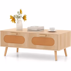 À propos de cet article 【Charme Bohème】La table basse bois présente une esthétique bohème avec le design cannage. 2 tiroirs e ...