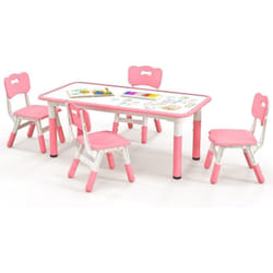 Costway - Table Enfant 120x60cm et 4 Chaises avec Plateau Graffiti & Hauteur Réglable, Table à Dessin Enfant en Bois avec Design Peu Encombrant,