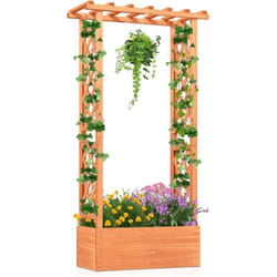 Costway - Jardinière avec Treillis Toit Suspendu en Bois avec Trou de Drainage, Lit de Jardin Surélevé pour Plante Grimpante, pour Patio Terrasse et