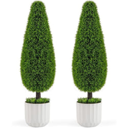 COSTWAY Lot de 2 Arbres Arbustes de Cèdre Artificiel 90 cm en Forme de Larme, Fausse Plante Topiaire en Pot en Plastique avec Ciment Fausses Vignes,