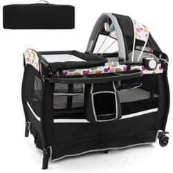 Costway - Lit Parapluie Bébé avec Matelas & Table à Langer Escamotable, Lit Bébé Évolutif avec Boîte à Musique & Jouets Suspendus, Auvent Réglable,