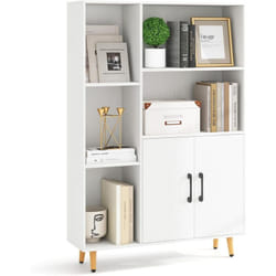 Costway - Bibliothèque avec 2 Portes et 5 Compartiments Ouverts, Armoire de Rangement, Vitrine Moderne avec Pieds en Métal, Rangement pour Salon,