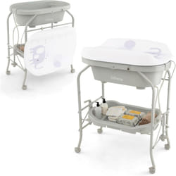 COSTWAY Table à Langer 2 en 1 avec Baignoire 20L Plateau de Rangement, Commode à Langer Pliable Couches Étanches Roue Universelle à Frein Charge