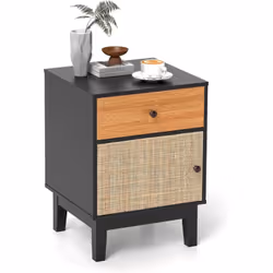 À propos de cet article 【Design Bohème】La table de chevet bois est dotée d’un tiroir et d’une petite armoire à porte cannage. ...