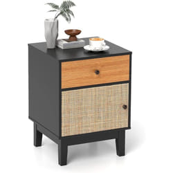 Costway - Table de Chevet Bois, Table de Nuit Rotin avec Tiroir, Petite Armoire à Porte Cannage, Chevet de Lit Bohème, Pieds en Bois Massif pour