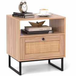 À propos de cet article 【Design Bohème】La table de chevet bois est dotée d’un tiroir et d’un compartiment ouvert. La combinai ...