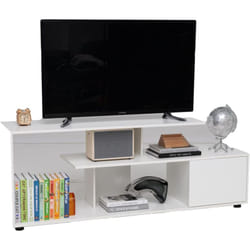 COSTWAY Meuble TV, Meuble Télé pour 55" au Max, Design S, Rangement Ouvert, Grand Compartiement, Petite Armoire à Porte, Meuble TV Moderne pour