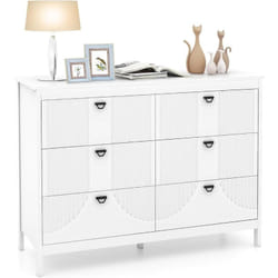 Commode 6 Tiroirs, Commode Blanche Bois pour Chambre, Meuble de Rangement Chambre avec Kit Anti-basculement, Chiffonnier Rangement Chambre - Costway