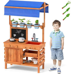 Costway - Cuisine Extérieure Enfant avec Tableau Noir & 4 Tasses de Plantation & 3 Outils, Cuisine de Boue en Bois de Sapin avec Auvent Réglable,