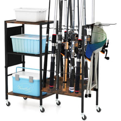 Support Canne a Peche, Porte Canne a Peche pour Garage, Chariot de Rangement à 3 Étage, Support de 12 Cannes de 40 mm de Diamètre, Roues Universelles