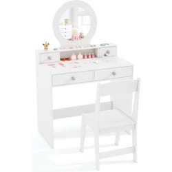 Costway - Coiffeuse Enfant Fille avec Tabouret & Miroir, Table de Maquillage Enfant Princesse avec 4 Tiroirs de Rangement & Étagère Ouverte, Charge