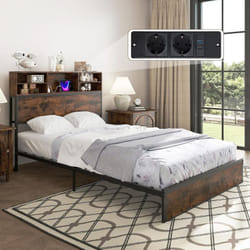 Costway - Cadre de Lit Double 140x200cm avec Sommier, Lit avec Tête de Lit Bibliothèque avec Multiprise, 2 Prises, 1 usb-a et 1 Type-C, Sommier en