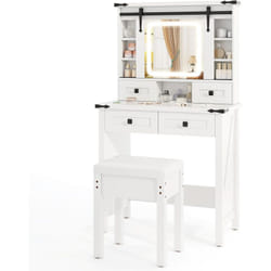Costway - Coiffeuse avec Tabouret, Miroir hd Coulissant avec led à Luminosité Réglable, Table de Maquillage Plateau en Verre Transparent avec 6