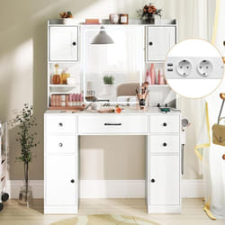 Costway - Coiffeuse avec Grand Miroir led à Luminosité Réglable 3 Couleurs, 2 Prises de Courants et 2 Ports usb, Compartiments Ouverts, 5 Tiroirs, 4