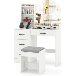Costway - Coiffeuse avec Tabouret et Grand Miroir led à Luminosité Réglable 3 Couleurs, 2 Prises de Courants et 2 Ports usb, Compartiments Ouverts, 4