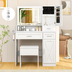 Costway - Coiffeuse avec Miroir et Tabouret, Coiffeuse avec Rangement, 3 Couleurs, Luminosité Réglable, Station de Charge, Table de Maquillage,