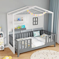 Costway - Lit Cabane Enfant 90 x 200 cm, Lit d'enfants avec Fenêtre 2 Etagères et Garde-Corps, Lattes en Bois pour Garçons et Filles, Lit 1 Place,