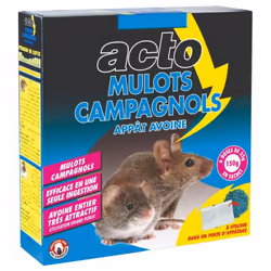 L'appât céréales mulots et campagnols 150 g de chez Acto en sachets-doses, à base d’avoine (entier) et de brodifacoum, consti ...