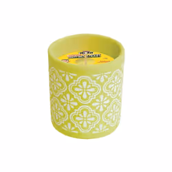 Bougie imprégnée dans la masse, antimoustiques au géraniol agréablement parfumée à la citronnelle. Pot décoratif en terre cui ...