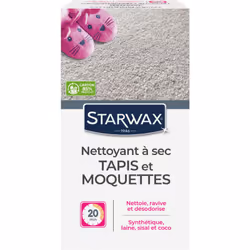 Description générale Le nettoyant à sec Starwax pour tapis et moquettes nettoie, ravive et préserve la beauté des tapis et mo ...