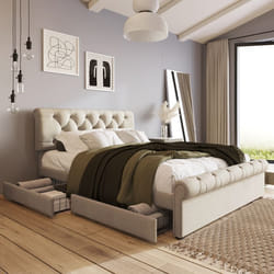 Cadre de lit double - LIBERTÉ - 140x200cm - 4 tiroirs - Tête de lit réglable - Gris