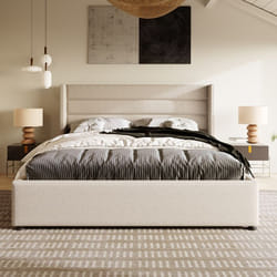 Lit double - LIBERTÉ - 140x200cm - Rangement hydraulique - Lin beige - 2 places