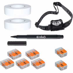 Ce kit contient : 1 lampe frontale 3 LEDS , 2 rubans adhésifs isolants blancs , 1 marqueur soir AGI ROBUR , 2 bornes WAGO 221 ...