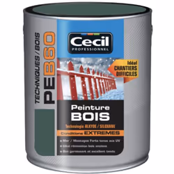 La Peinture Bois Cécil Professionnel PEB60 Vert normand est une peinture de finition glycéro (Alkyde/Siloxane) pour la protec ...