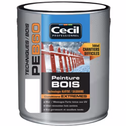La Peinture Bois Cécil Professionnel PEB60 Blanc brillant est une peinture de finition glycéro (Alkyde/Siloxane) pour la prot ...