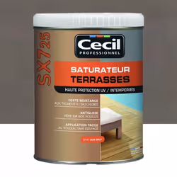 Le Saturateur Terrasses CECIL SX725 Cèdre gris est un saturateur destiné à tous les bois extérieurs horizontaux: terrasses, e ...