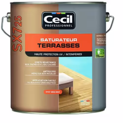 Le Saturateur Terrasses CECIL SX725 Cèdre gris est un saturateur destiné à tous les bois extérieurs horizontaux: terrasses, e ...