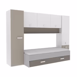 TIDY Lit gigogne enfant - Décor blanc/argile - Tiroir utilisable en 2eme couchage ou rangement - Environnement avec multiples ...