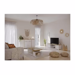 Ensemble Salon ACCESS : Table basse + Banc TV + Enfilade 4 portes - Decor chene Hamilton et blanc